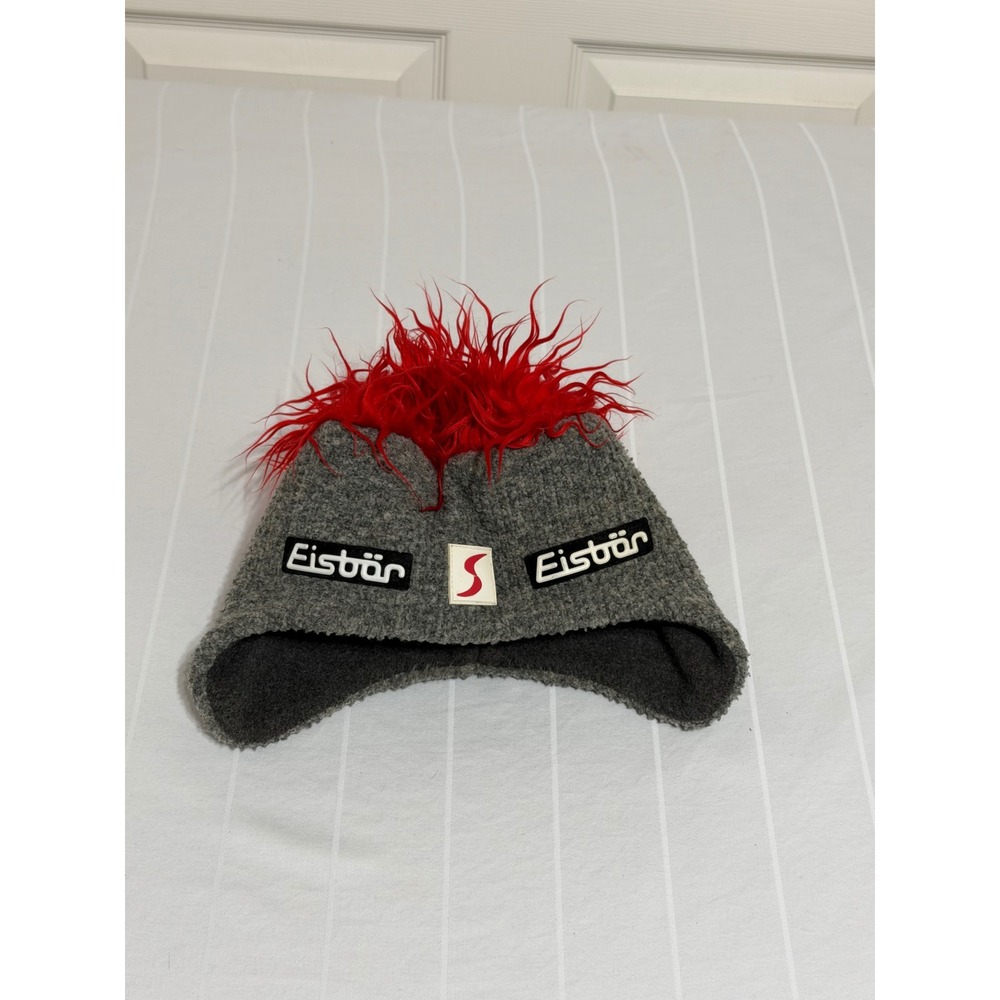 Eisbar Cocker Grey Red Mohawk Faux Fur Ear Flap Wool Blend Ski Beanie Hat